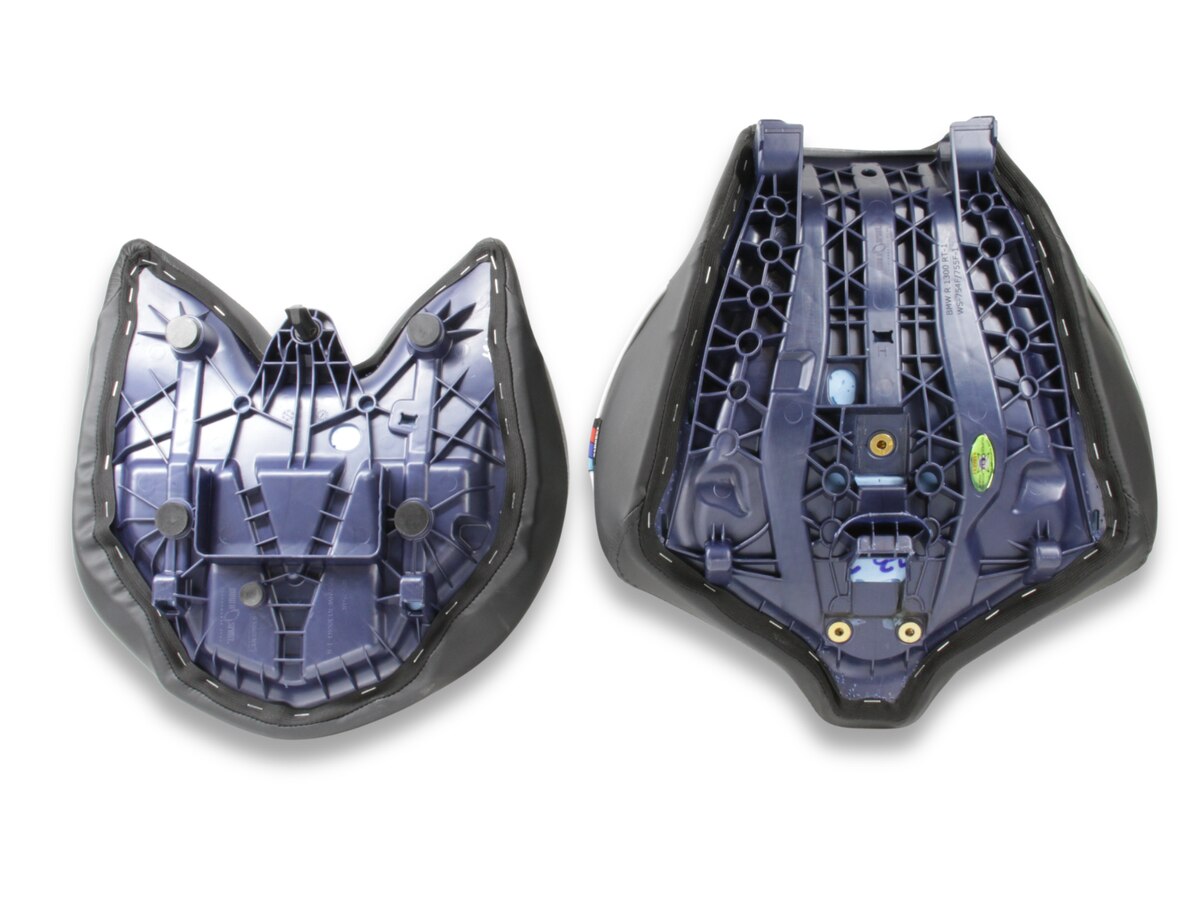 Precision-molded, lightweight seat base pans on the World Sport Performance Motorcycle Seat for the 2026+ BMW R1300 RT with non-standard upholstery in low version.
